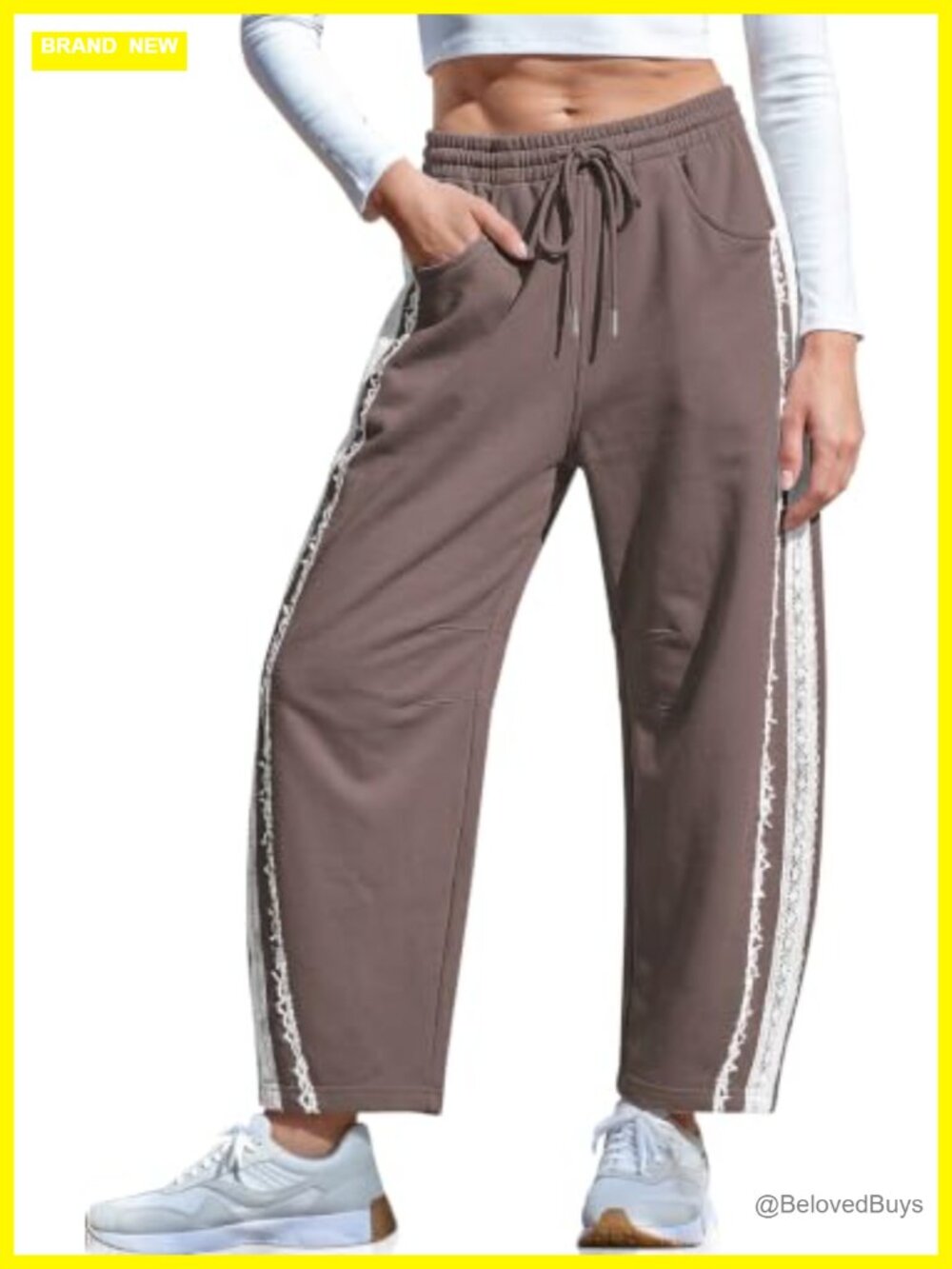 Lace Trim Barrel Sweatpants Loose Lounge Pants with Pockets Cropped